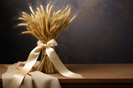 麦穗花边装饰丝带捆扎成束的麦穗背景