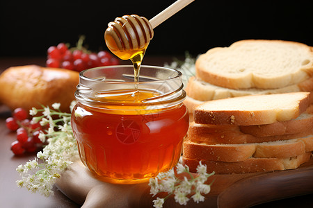 蜜罐面包和浆果背景图片