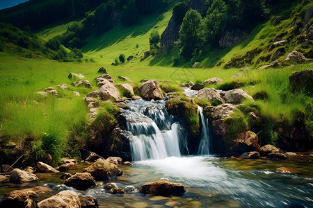 山脉中流淌的瀑布背景图片