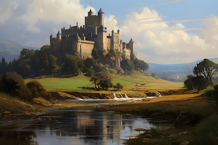 山顶城堡壮丽的油画背景图片