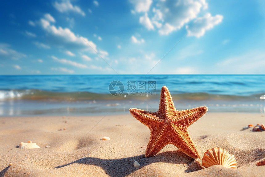 沙滩上有一颗海星和贝壳图片