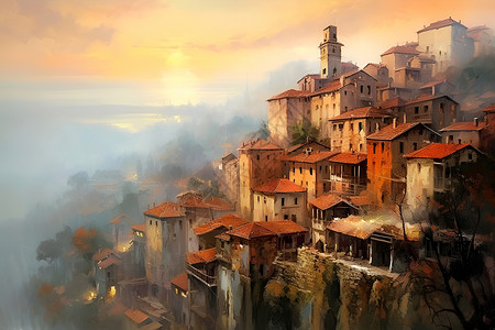 雾幕笼罩下的油画小镇背景图片