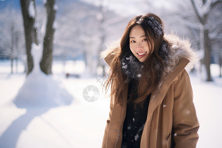 冬季大衣女孩在雪地背景