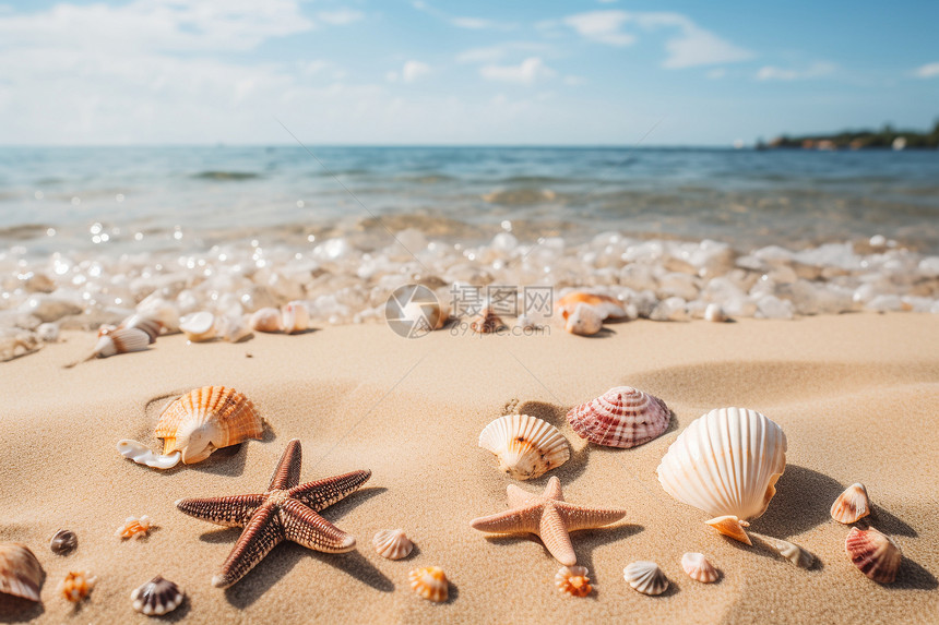 贝壳与海星夏日海滩风景图片