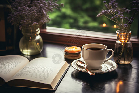 窗台边的书本和咖啡背景图片