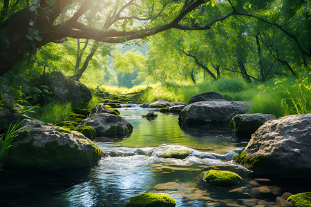 绿树丛中流动的溪水背景图片