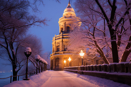 夜晚雪地寒夜的布达佩斯背景