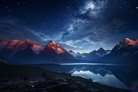 夜晚的湖畔山脉与星空背景图片