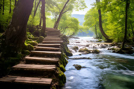 森林中的楼梯和溪流背景图片