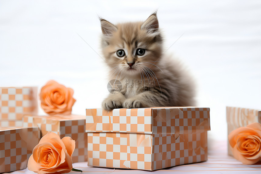 礼物盒上的小猫图片