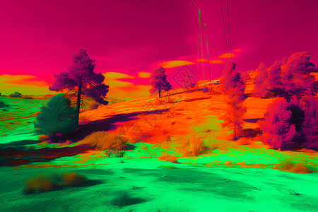 红色色光的山脉树木背景图片