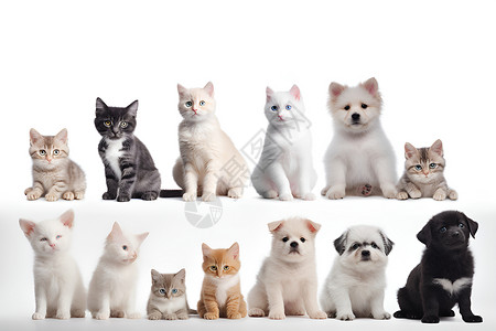 白色背景中的小猫和小狗背景图片
