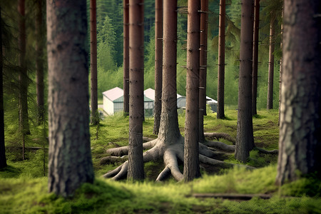 森林中的草地树根背景图片