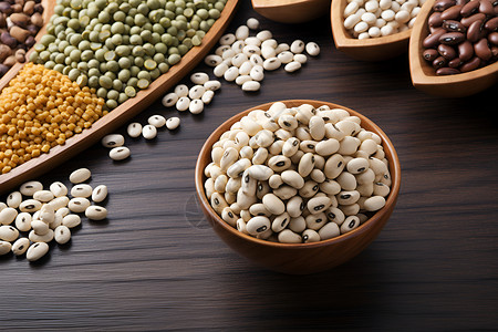 木碗中的白色大豆背景图片