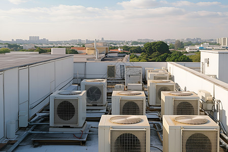 楼顶建筑屋顶上一排空调机组背景