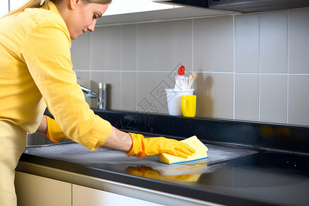 擦拭厨房的女性高清图片