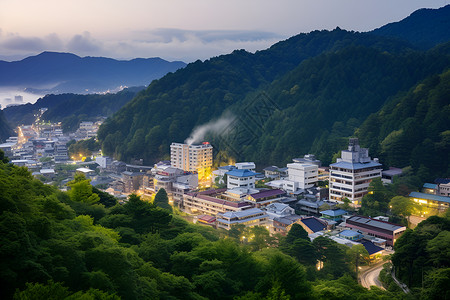 山脉中的建筑城市背景图片