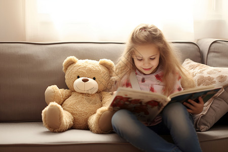 沙发上看书的女孩背景图片