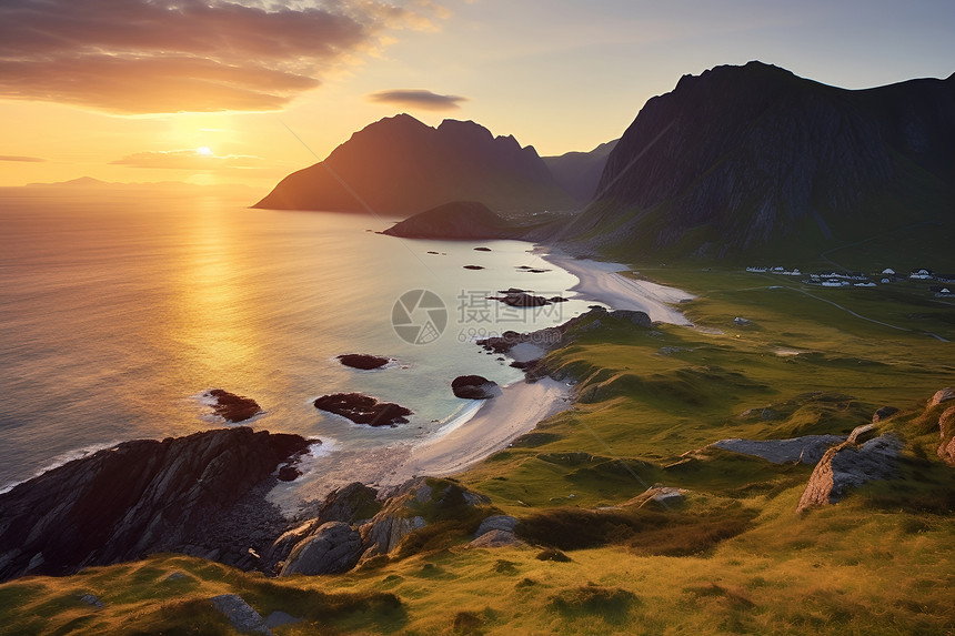 日落岩石海岸的美丽景观图片