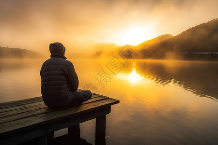 湖畔独自思考的男子背景图片
