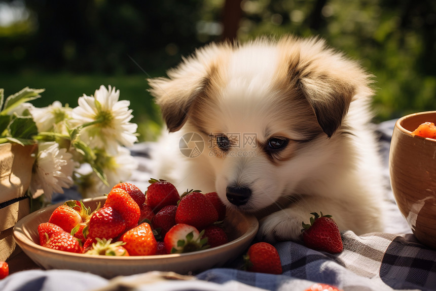 户外毯子上的小狗和草莓图片