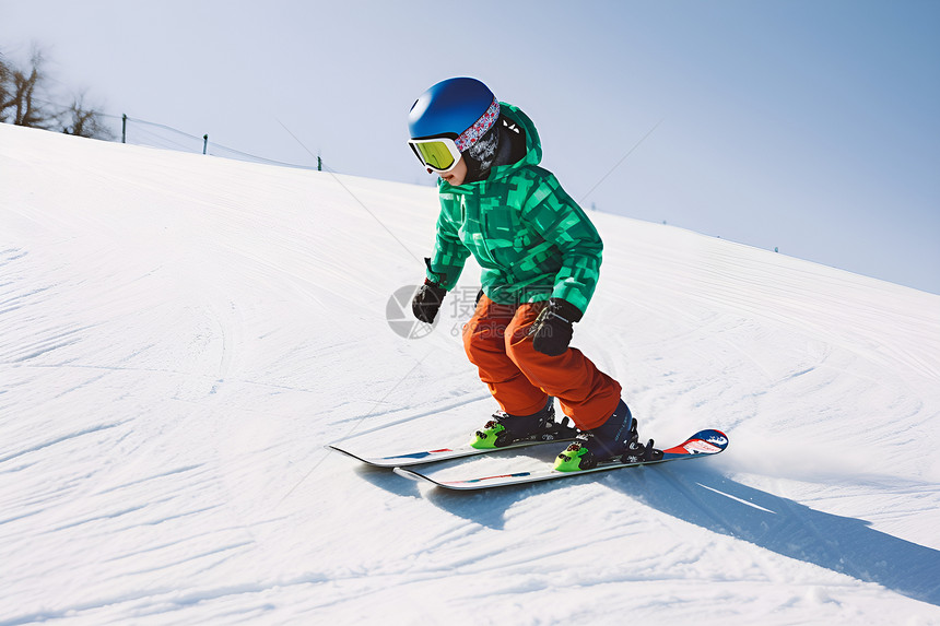 冬季雪山中滑雪的小男孩图片