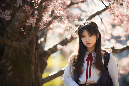樱花树下的女孩背景图片