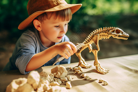 探险恐龙奥秘的小男孩高清图片