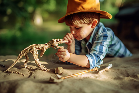 喜爱恐龙标本的小男孩高清图片