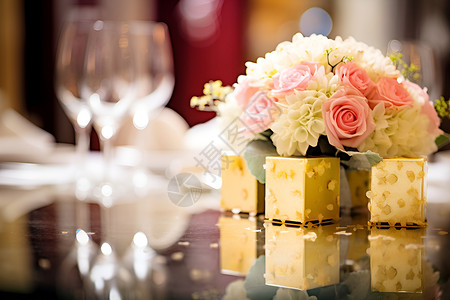 布置精美的餐桌浪漫鲜花的婚宴餐桌背景