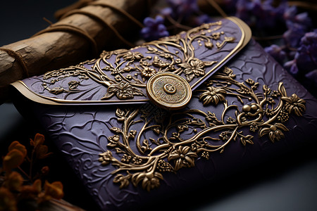 一个紫色雕花的信封皮包背景图片