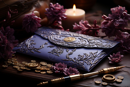 青铜花纹紫色信封上的华丽花纹背景