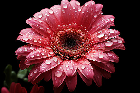 粉色花朵上挂满水滴叶子和背景一片漆黑高清图片