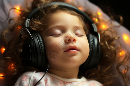 小孩在床上带着耳机熟睡背景图片