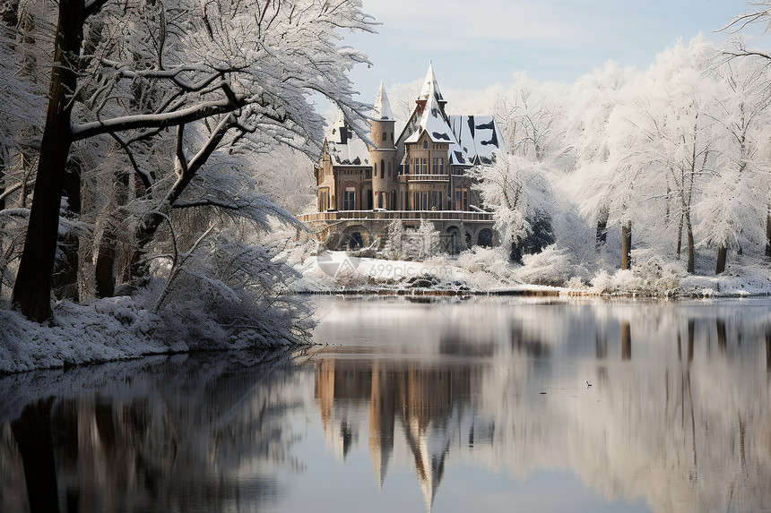 冬日寂静冰雪覆盖的湖畔城堡图片