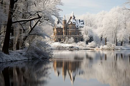 冰雪奇缘城堡冬日寂静冰雪覆盖的湖畔城堡背景
