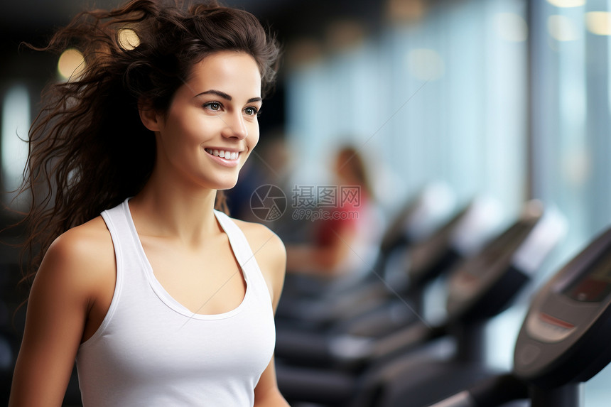女子在健身房跑步机上图片