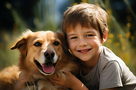 抱着西瓜少年少年抱着狗狗在花海中背景