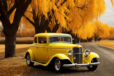 秋季湖畔的老式汽车背景图片