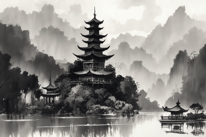 中国宝塔的宁静水墨画图片