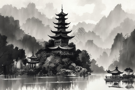 中国宝塔的宁静水墨画背景图片