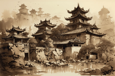 荆州古城墙古城墙的水墨画插画