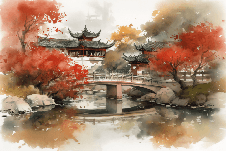 中国花园的宁静水彩图片