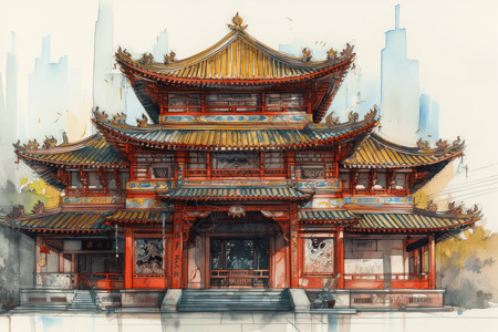 中国庙宇的彩色水彩画背景图片