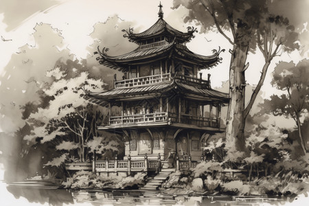 中国园林亭的水墨画背景图片