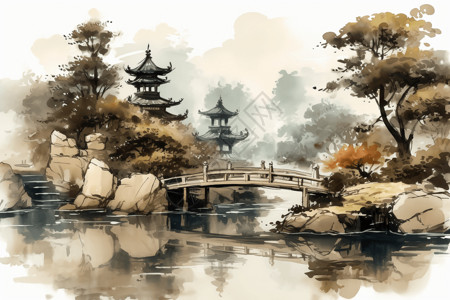 传统中式建筑水墨画背景图片