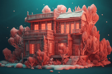 3D立体的木质别墅建筑插画
