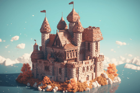 木别墅3D木砖城堡插画