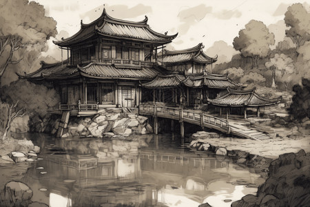 细微的中国宫殿水墨插画背景图片