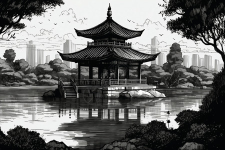 树木环绕的中国宝塔背景图片